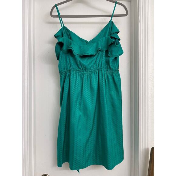 Milly 100% Silk Ruffle Dress Wedding Guest Fairycore Romantic Teal Green Sz L - Picture 2 of 9
